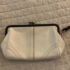Coach white leather wristlet with KISS closure.